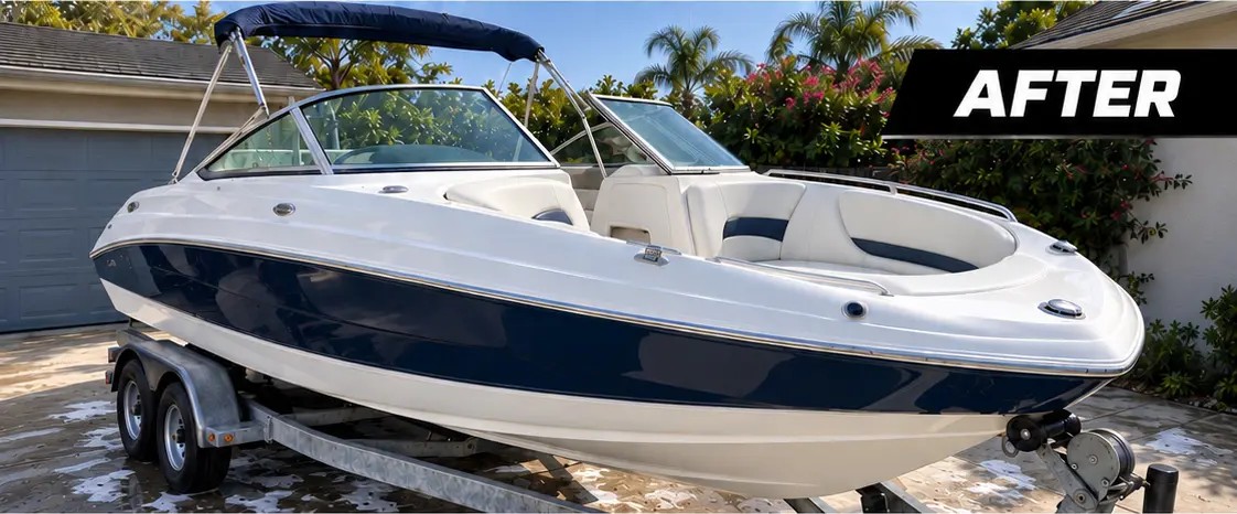 The same boat after a full detail — glossy gelcoat and spotless upholstery